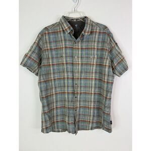 Kuhl Button‎ Down Shirt Men's Large Short Sleeve Linen Blend Pockets Plaid